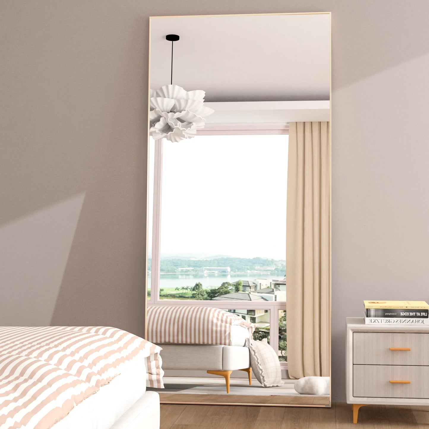 Full Body Floor Mirror With Black Metal Frame Decor