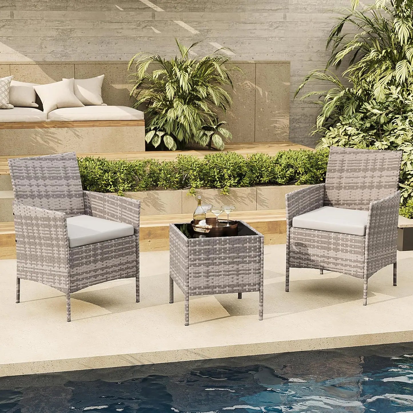 HiMISS 3-Piece Outdoor Wicker Patio Set With Glass Coffee Table