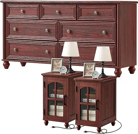 Farmhouse Dressers and Nightstand Set of 3, Wood 54" Wide 7 Drawer Dresser 14'' Narrow Side Table with Charging Station, Roman C
