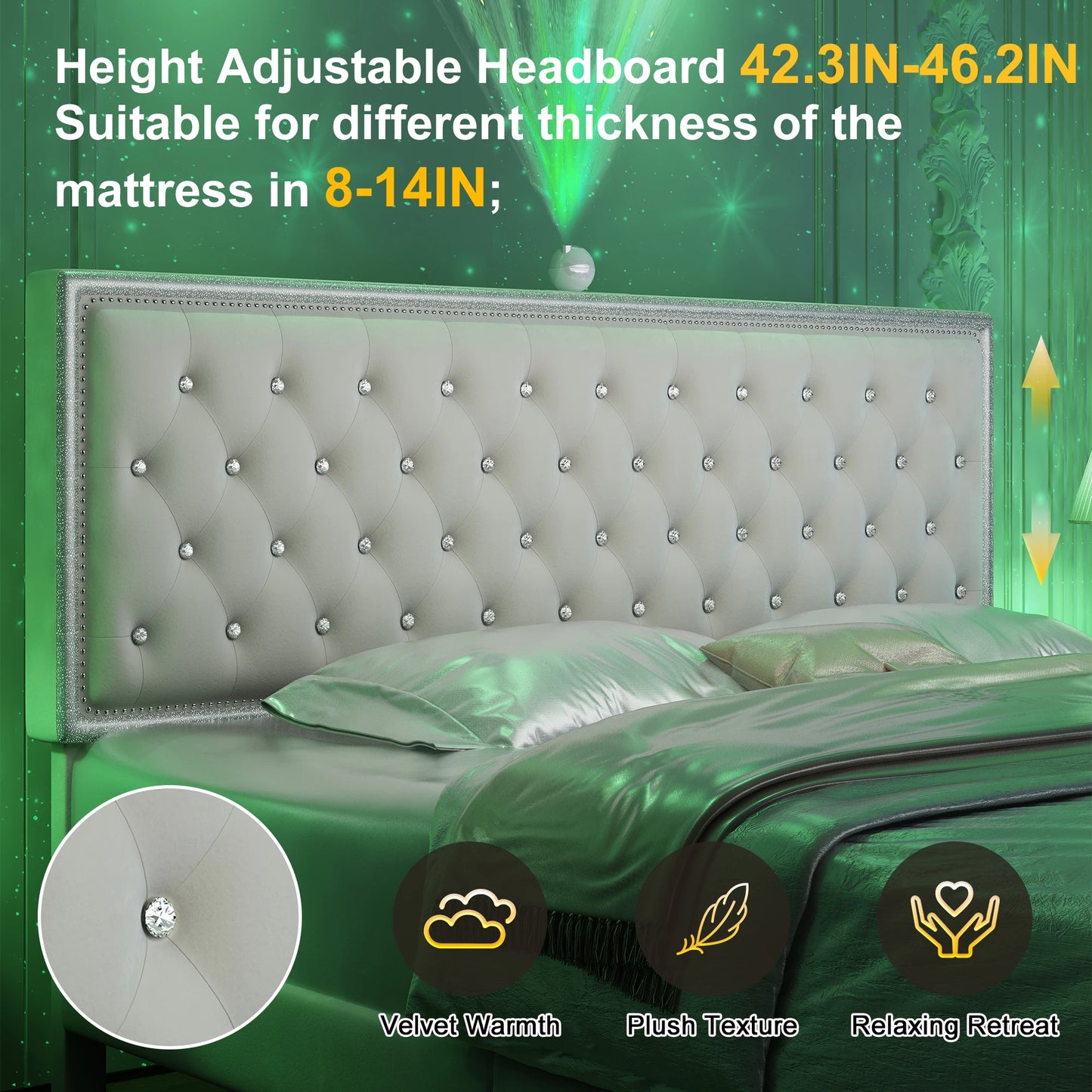 GEGOFORU LED Bed Frame With Galaxy Projector Rivet Trim Headboard
