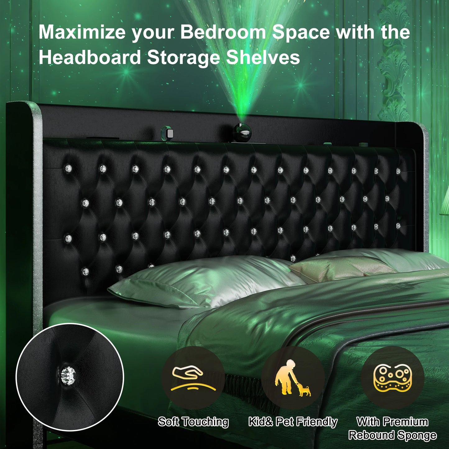 GEGOFORU LED Upholstered Bed Frame With Galaxy Headboard