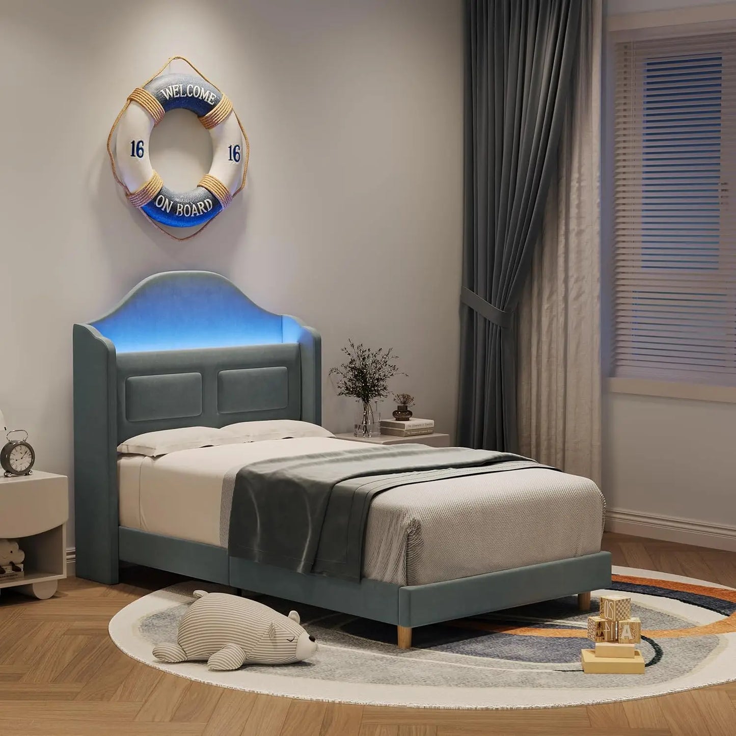 HiMISS Upholstered Bed Frame With LED Lights And Storage Headboard
