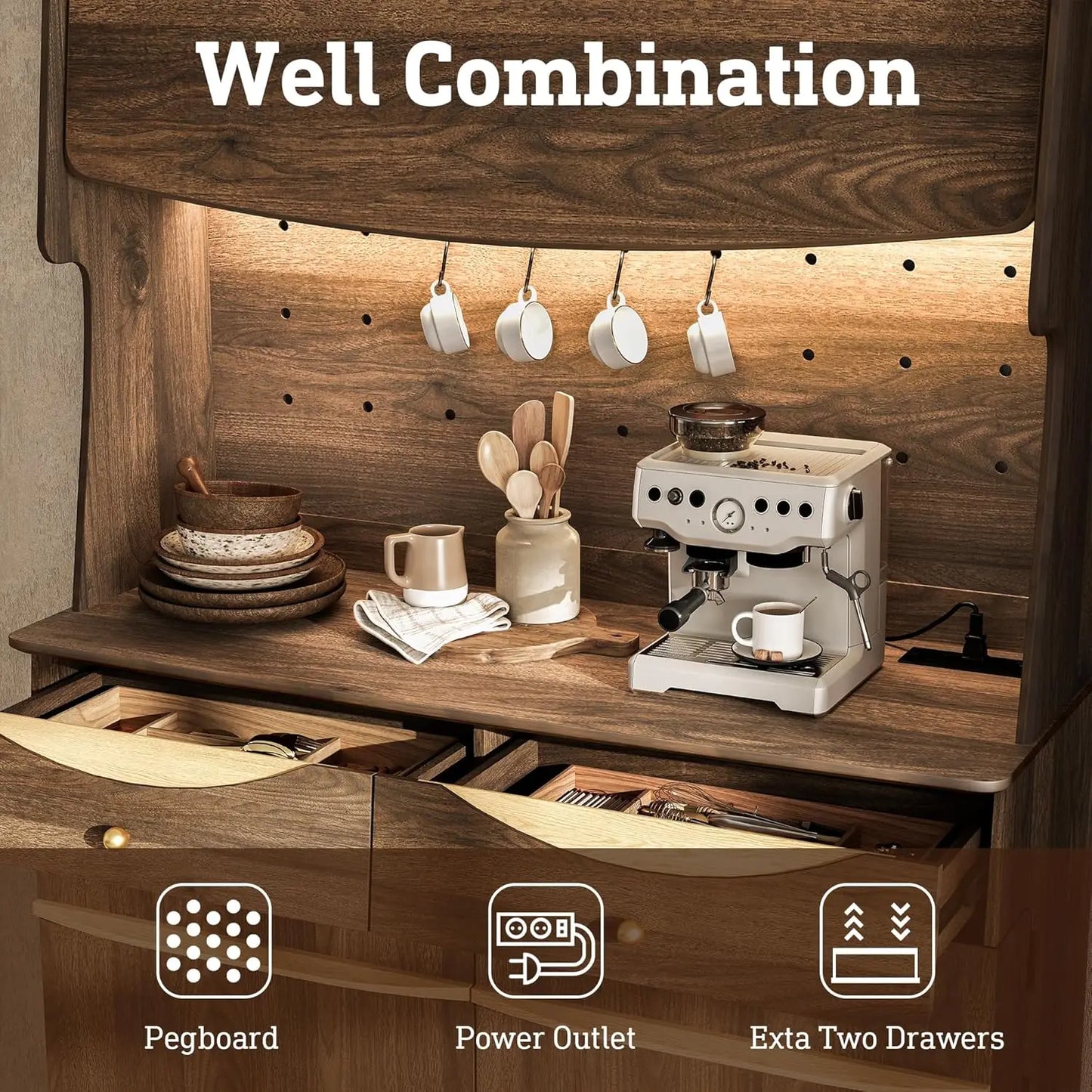 Huanzhuang Kitchen Pantry Cabinet With Power Outlets And LED Light