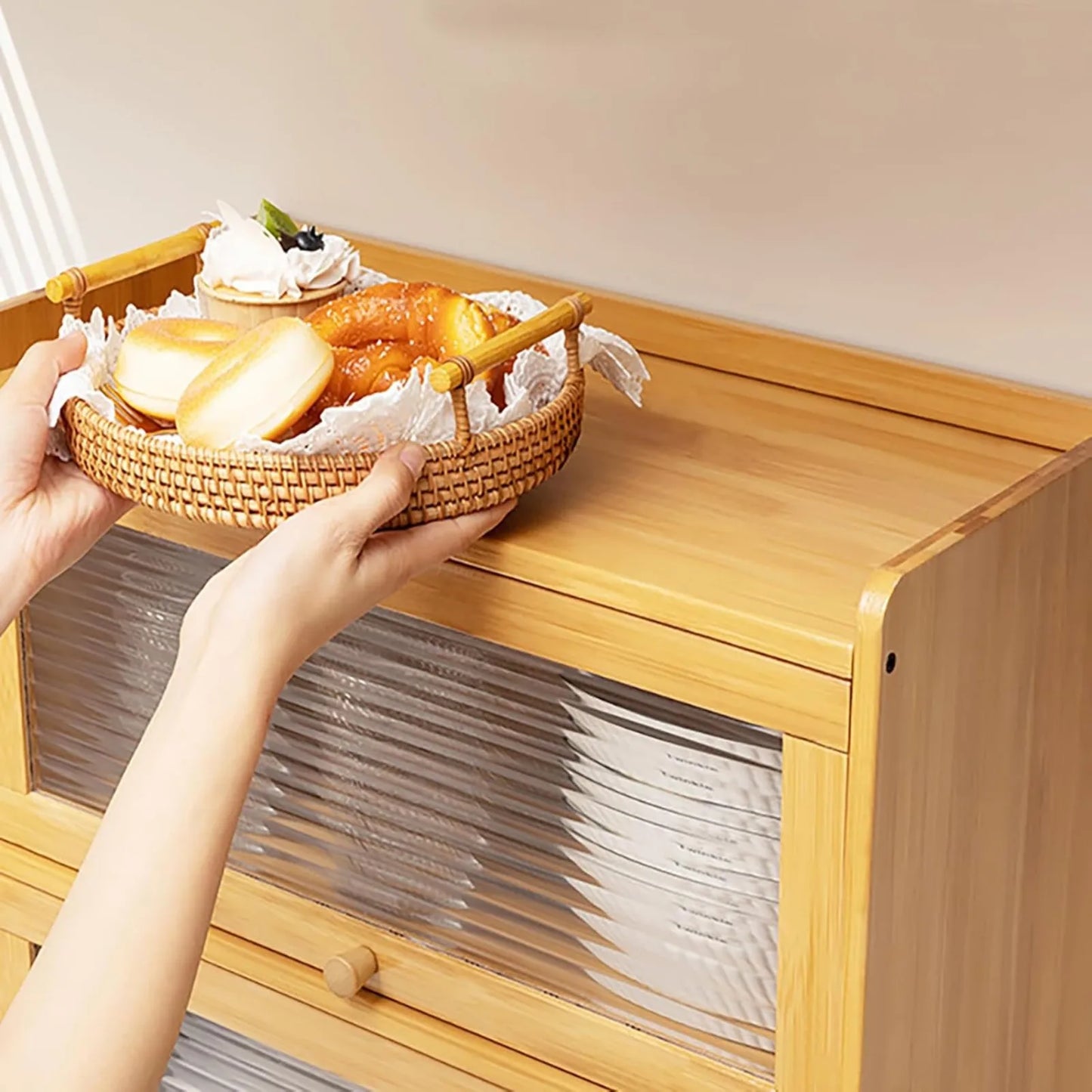 Bamboo Kitchen Storage Cabinet Countertop Organizer With Clear Sliding Doors