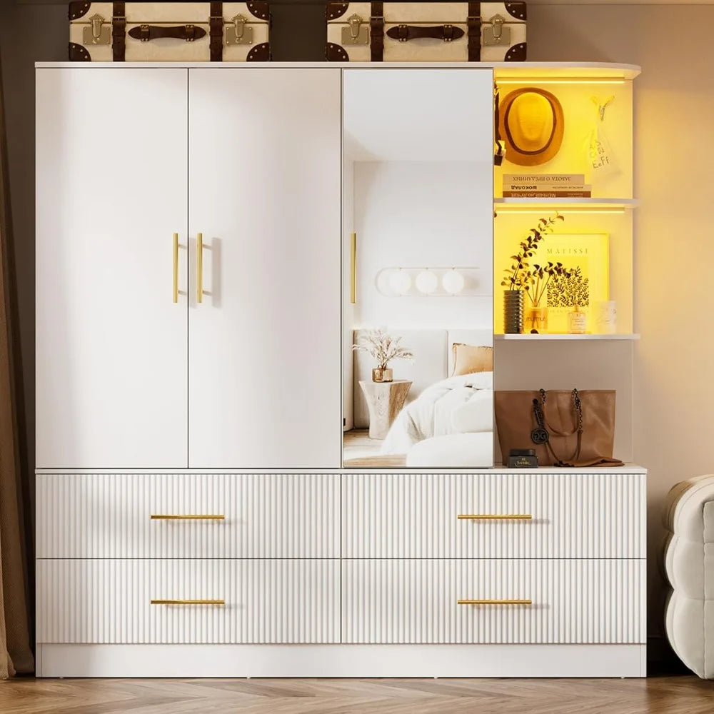 Chengwei 3 Door Armoire Wardrobe With Mirror And LED Lighting