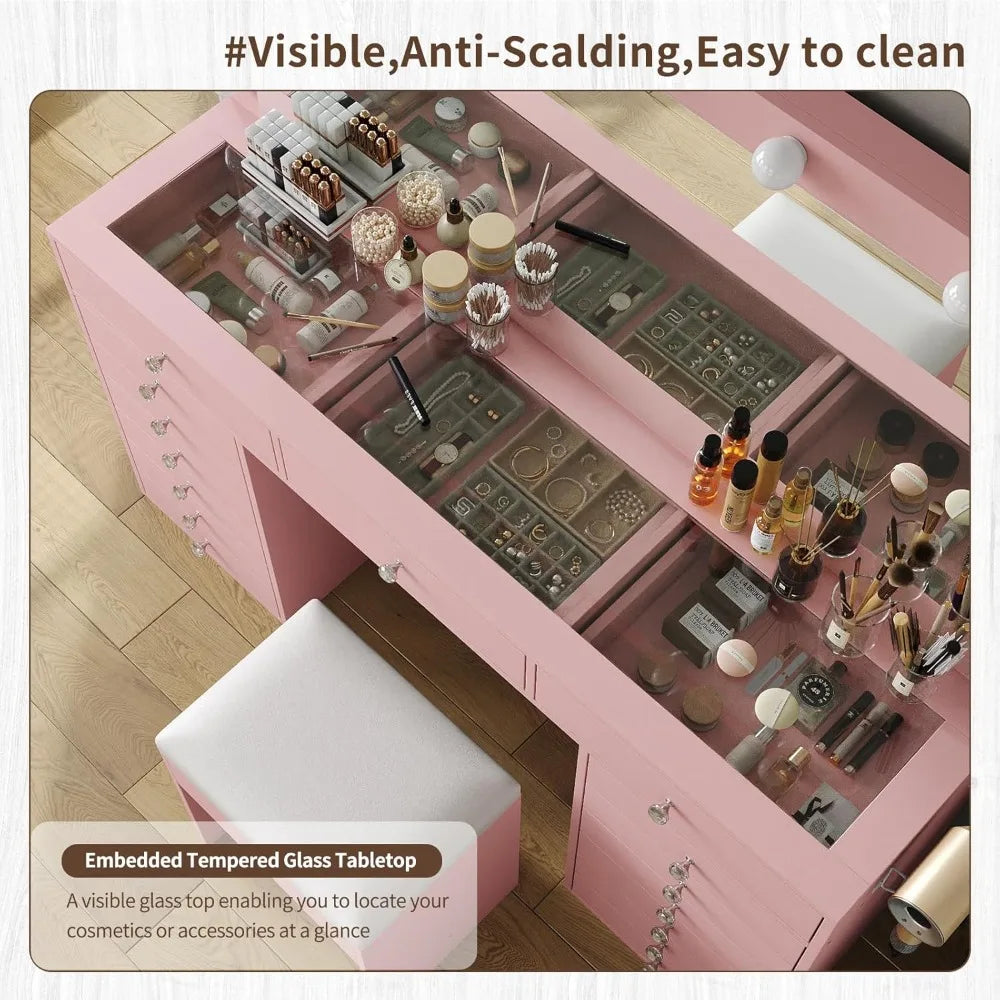 Vanity Desk Charging Station With Lighted Mirror 15 Drawers