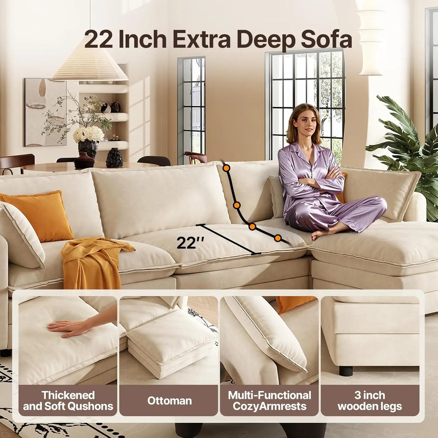 Modern L Shaped Sofa Sectional Cloud Couch Customizable Modular Set