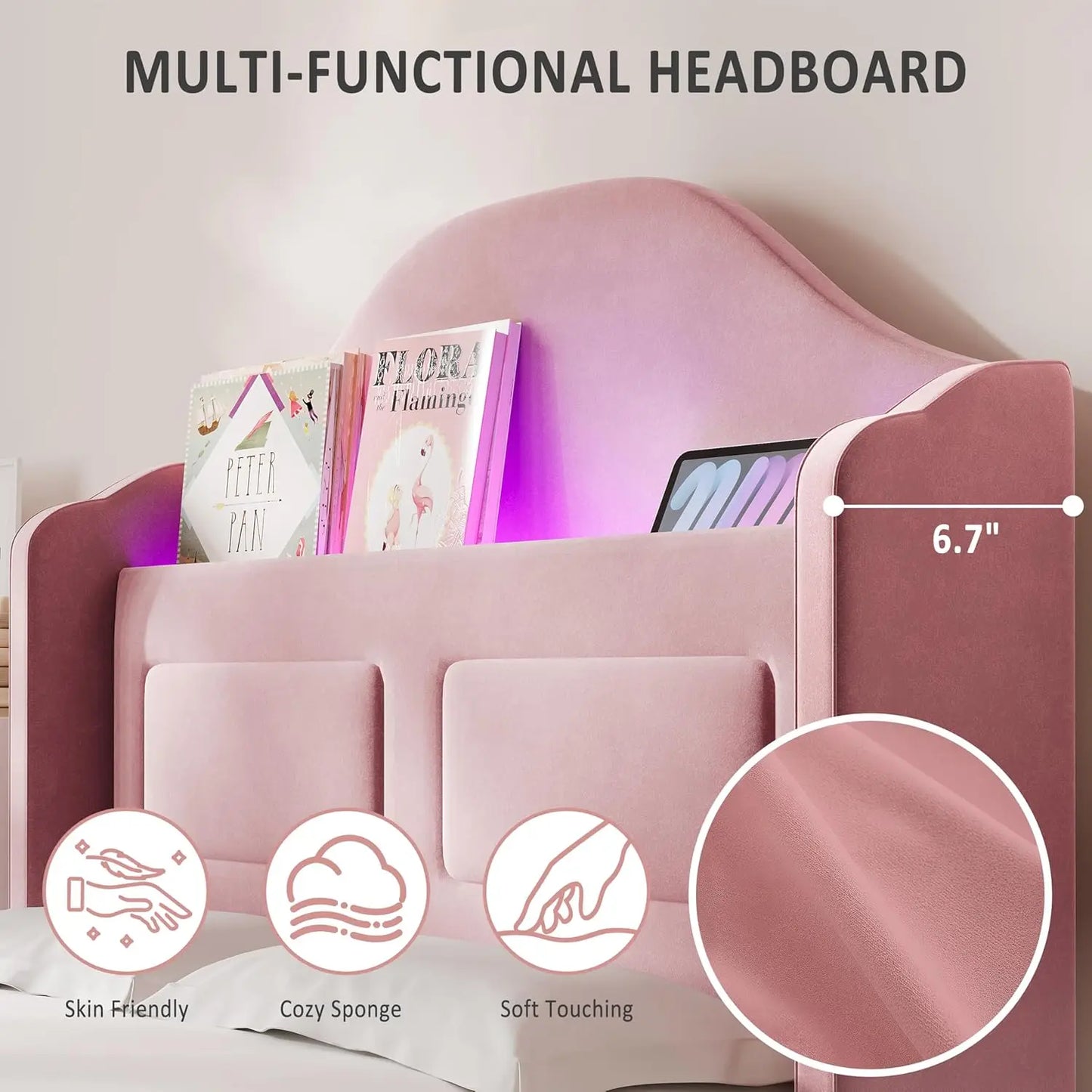 HiMISS Upholstered Bed Frame With LED Lights And Storage Headboard