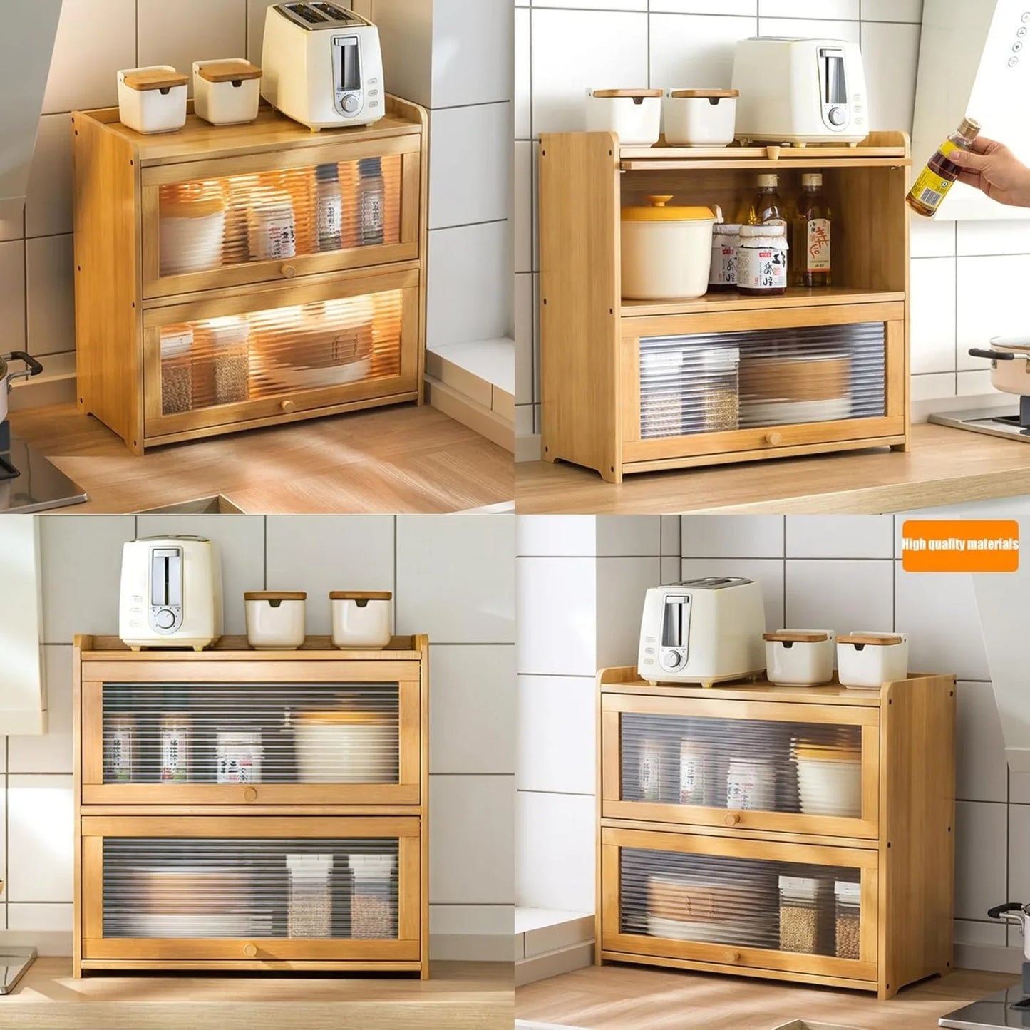 Bamboo Kitchen Storage Cabinet Countertop Organizer With Clear Sliding Doors