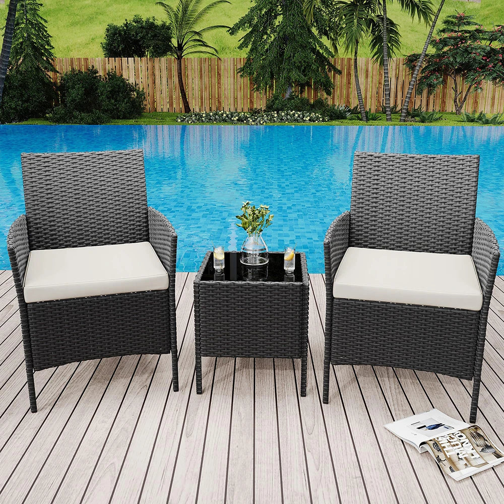 HiMISS 3-Piece Outdoor Wicker Patio Set With Glass Coffee Table