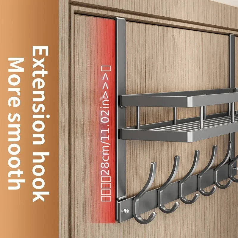Aluminum Over-The-Door Storage Rack With 6 Hooks And Basket