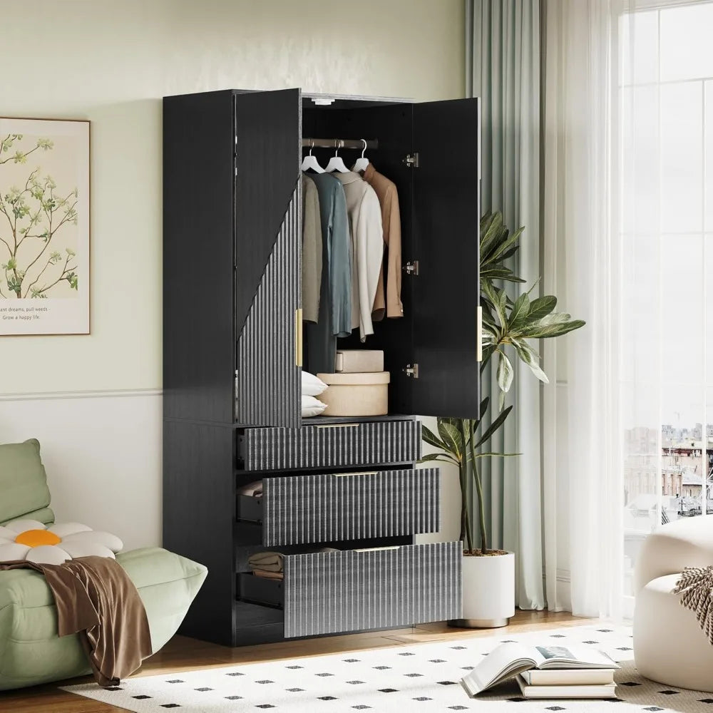 Wooden Wardrobe Armoire With Double Doors And Three Drawers