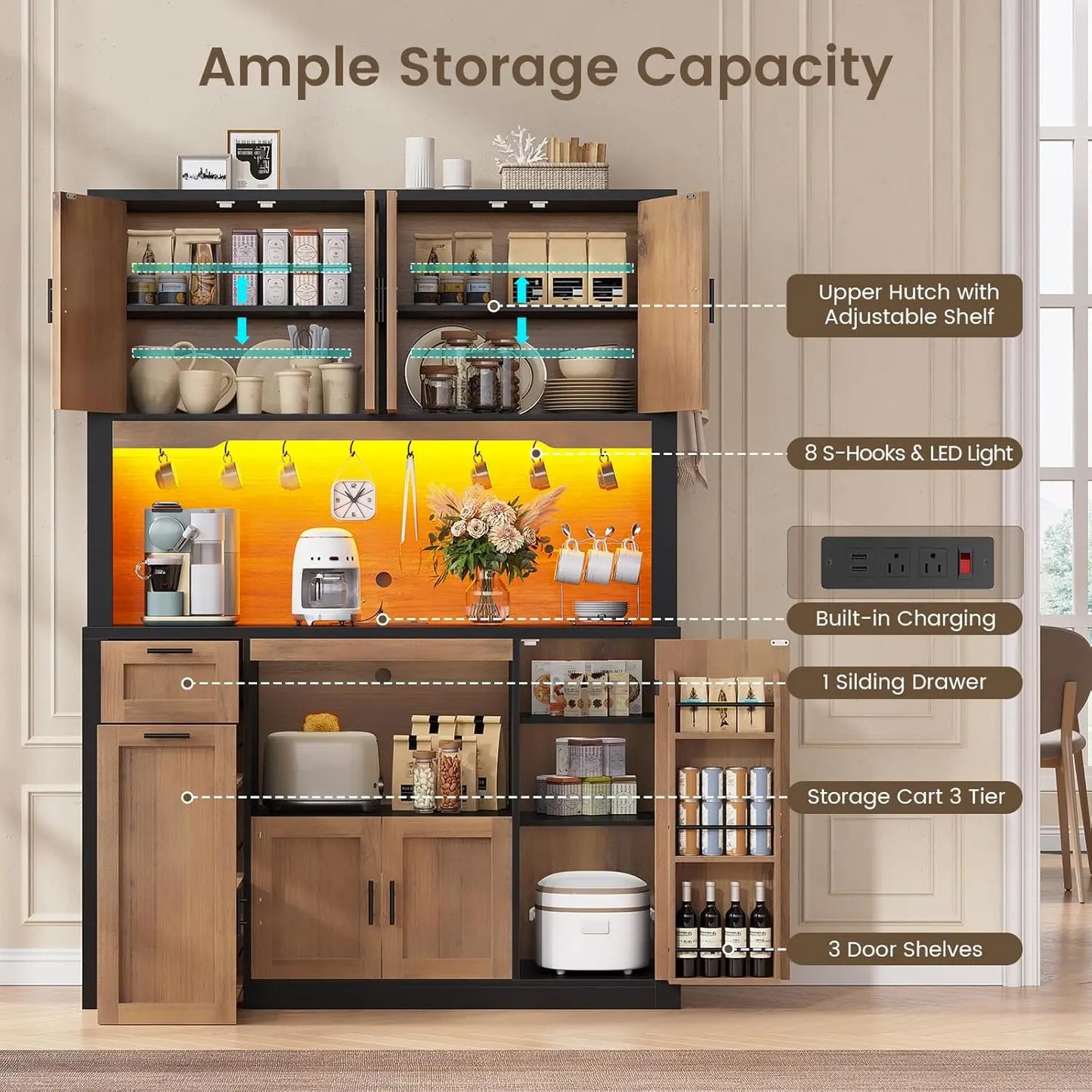 HUANZHUANG Pantry Cabinet With Charging Station And LED Light