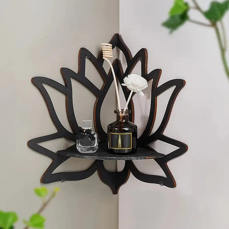 Bohemian Lotus Wooden Hollow Wall Mounted Corner Shelf Aromatherapy Candles