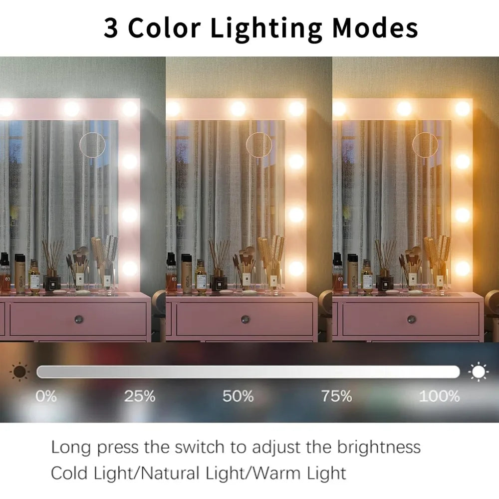 Vanity Desk Charging Station With Lighted Mirror 15 Drawers