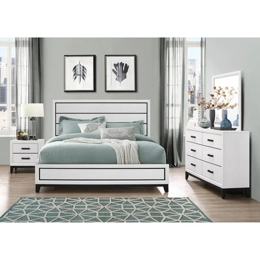 5PC Full Bedroom Set in Mirage White - Modern Bed, Nightstands, Dresser & Mirror