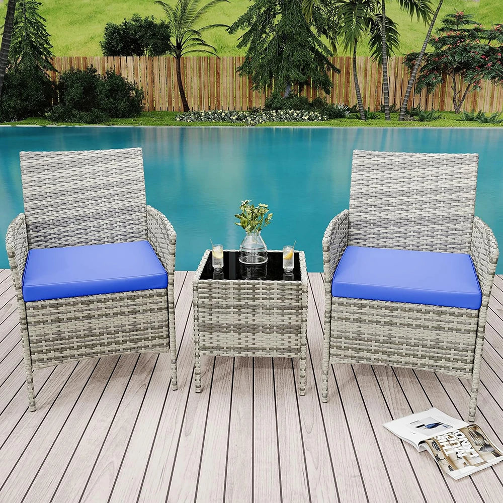 HiMISS 3-Piece Outdoor Wicker Patio Set With Glass Coffee Table