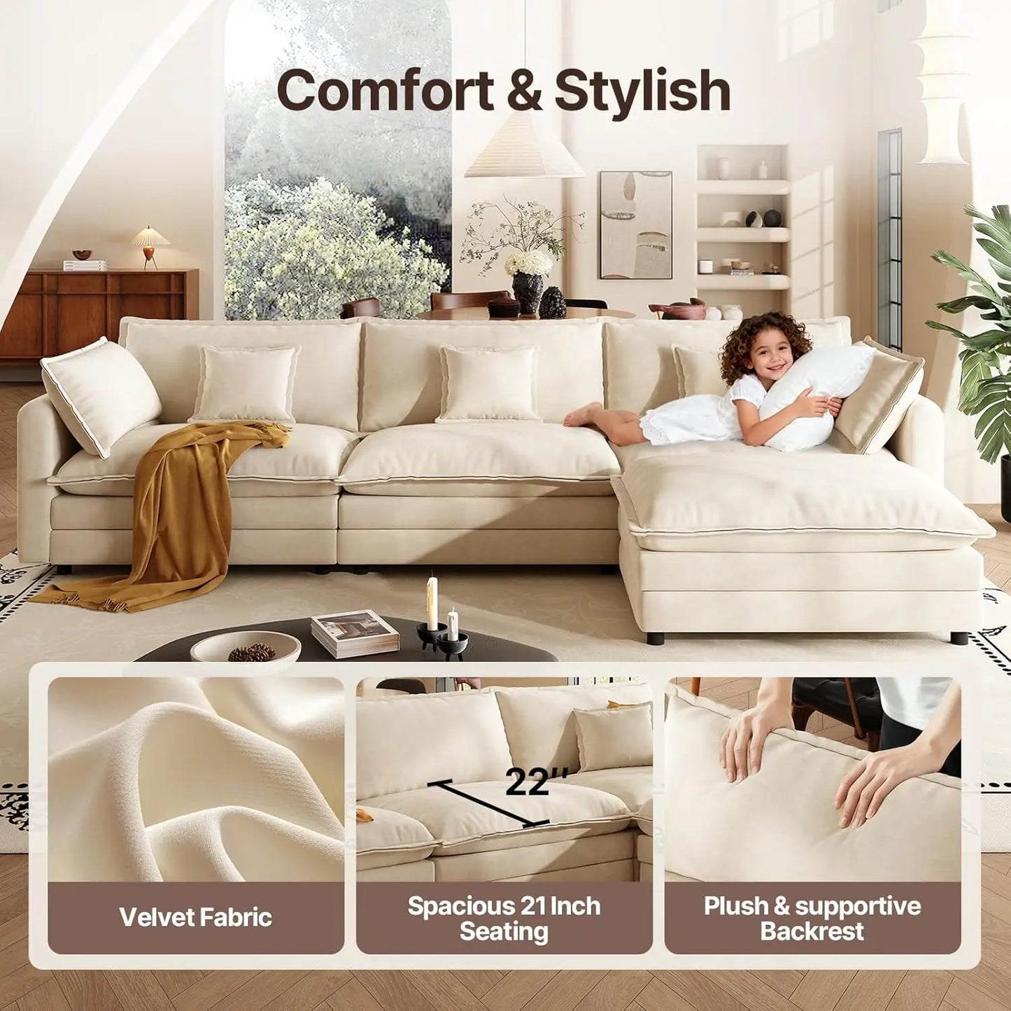 Modern L Shaped Sofa Sectional Cloud Couch Customizable Modular Set