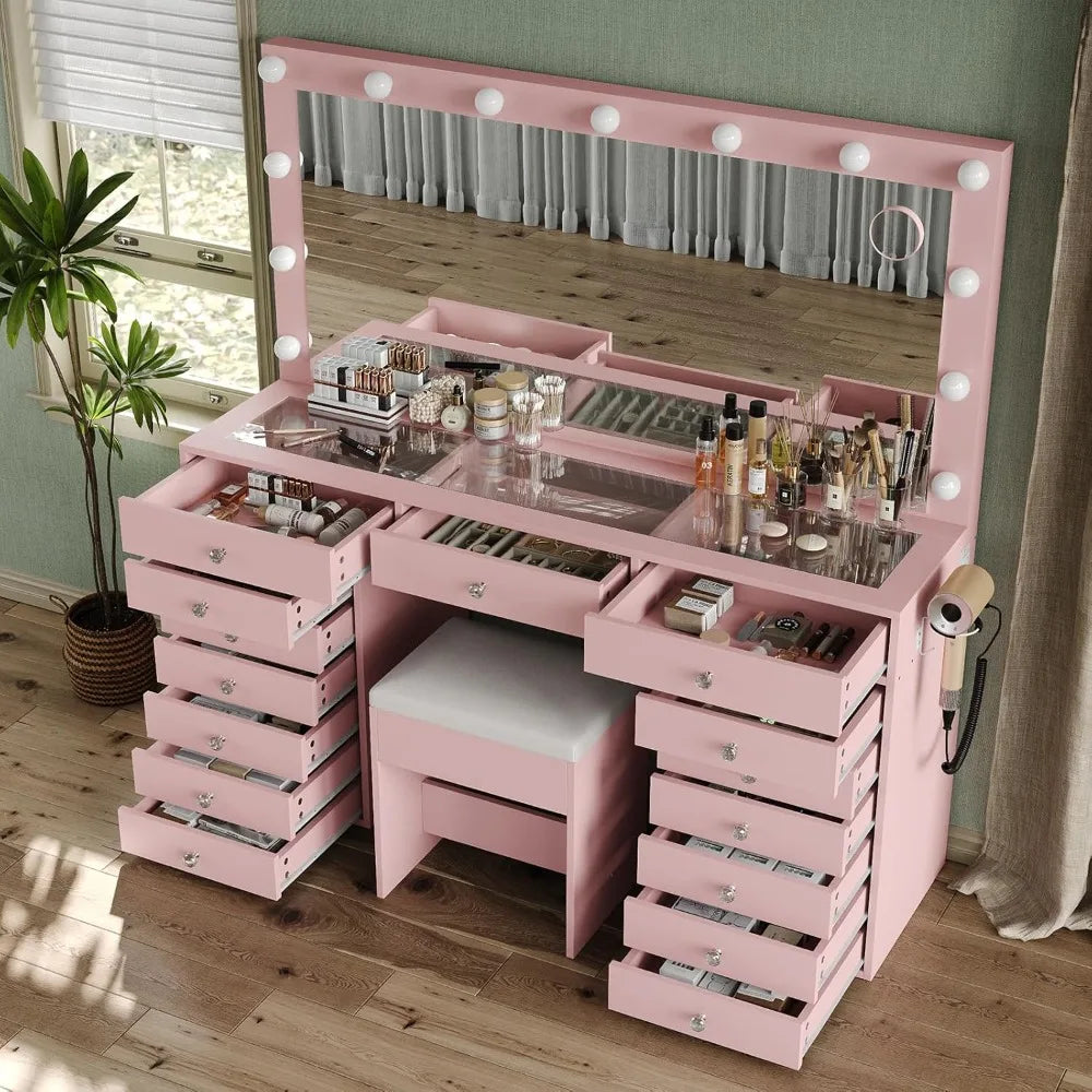 Vanity Desk Charging Station With Lighted Mirror 15 Drawers