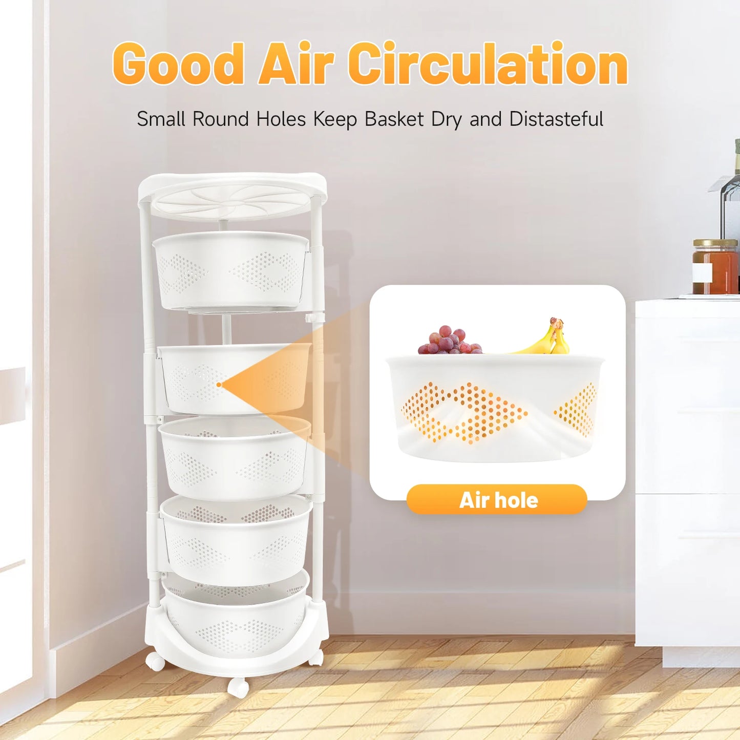 5-Tier Rotating Storage Rack With Casters Perforated Baskets