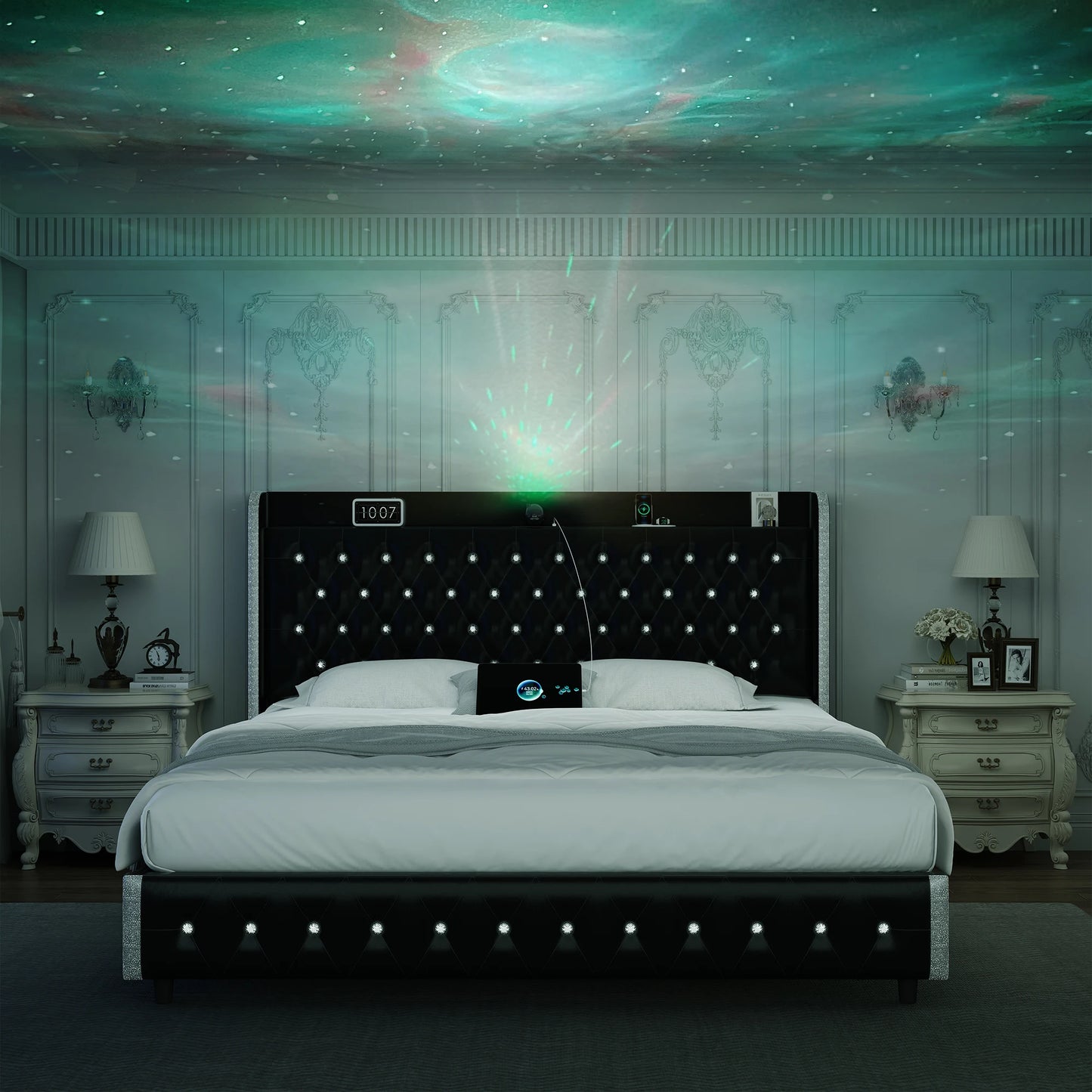 GEGOFORU LED Upholstered Bed Frame With Galaxy Headboard