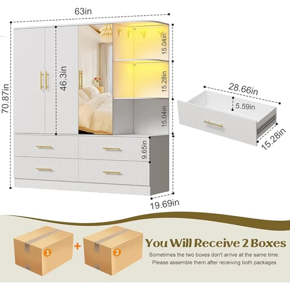 Chengwei 3 Door Armoire Wardrobe With Mirror And LED Lighting