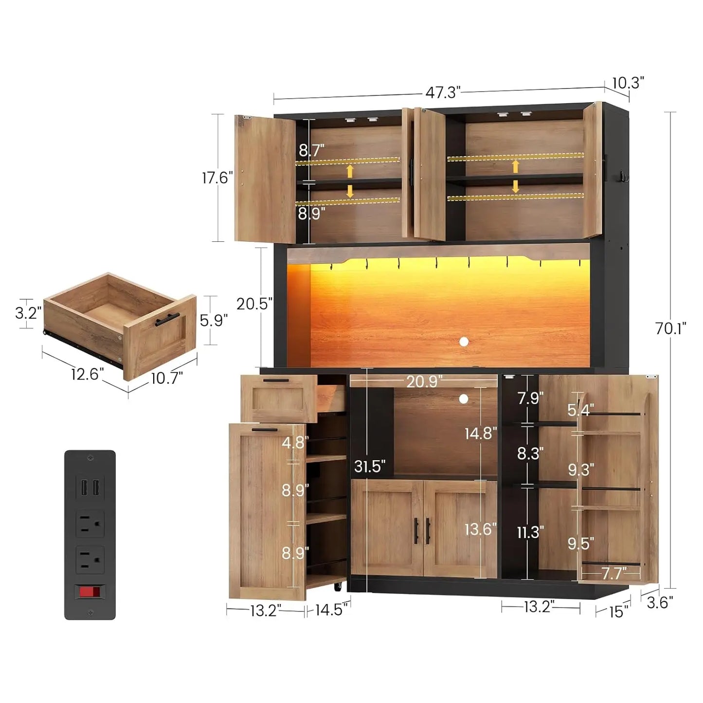HUANZHUANG Pantry Cabinet With Charging Station And LED Light