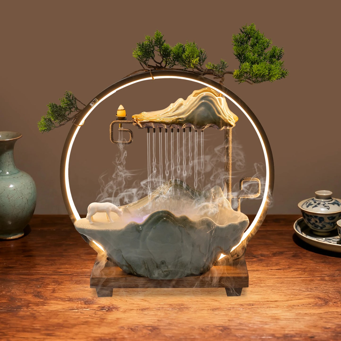 Indoor Tabletop Water Fountain With Mist And LED Feng Shui Home Decor