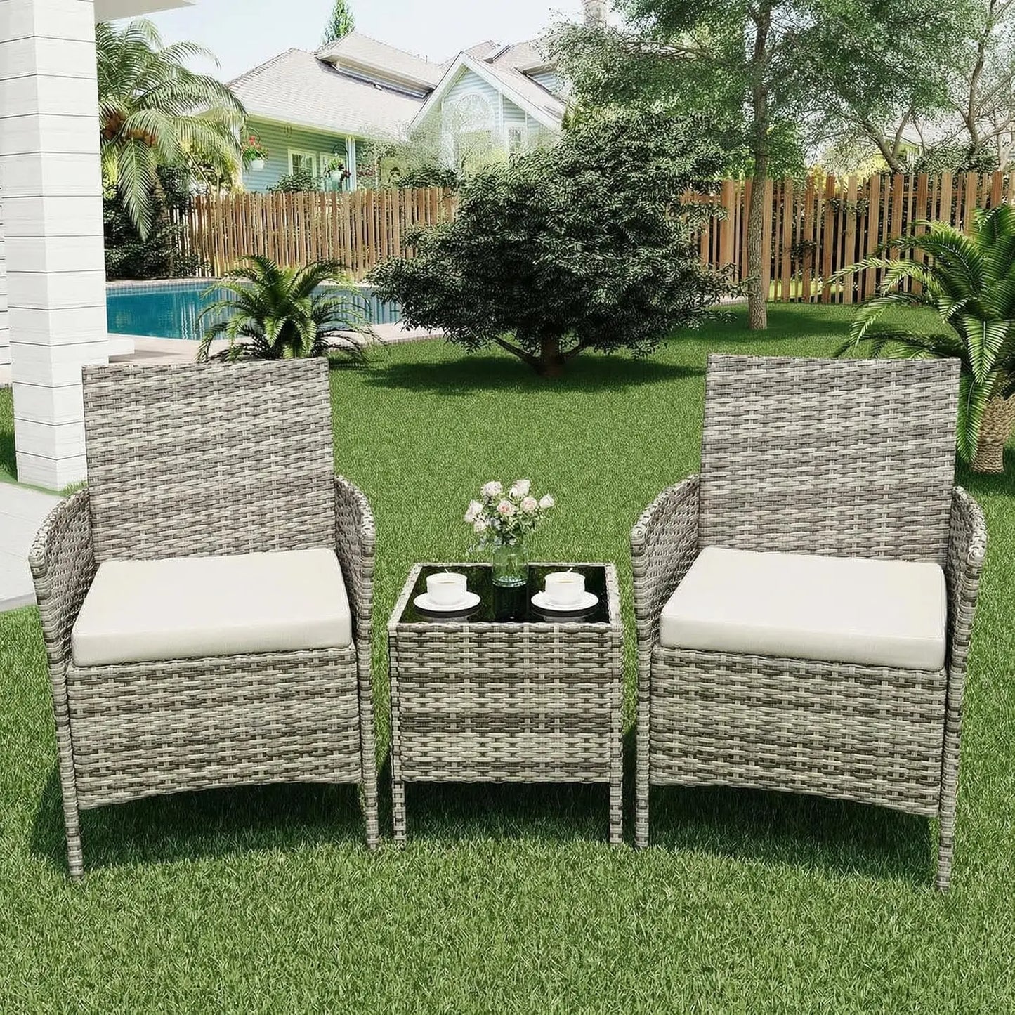 HiMISS 3-Piece Outdoor Wicker Patio Set With Glass Coffee Table