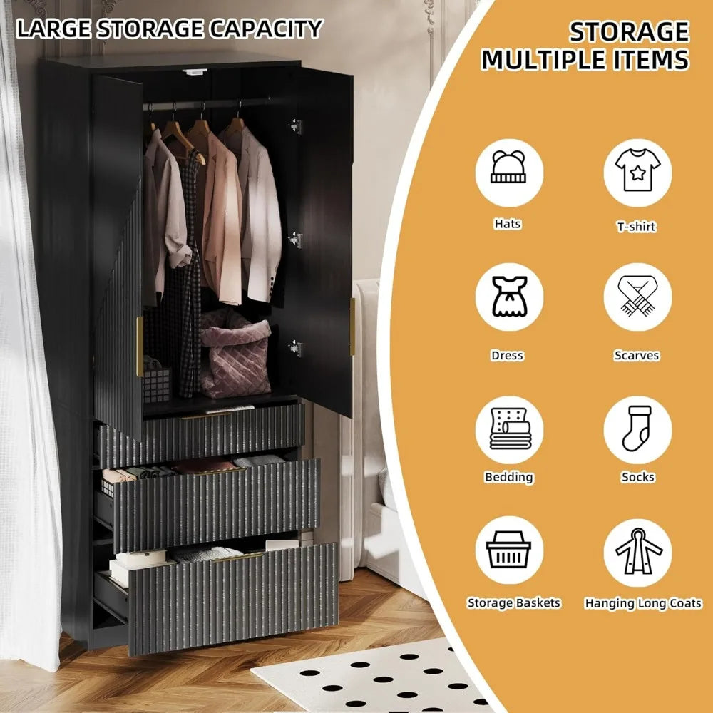 Wooden Wardrobe Armoire With Double Doors And Three Drawers