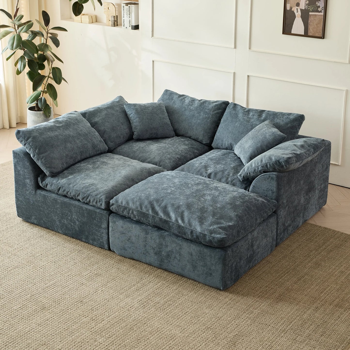 YeflixvrauCN Modern Cloud L-Shaped 3-Seater Sofa With Ottoman