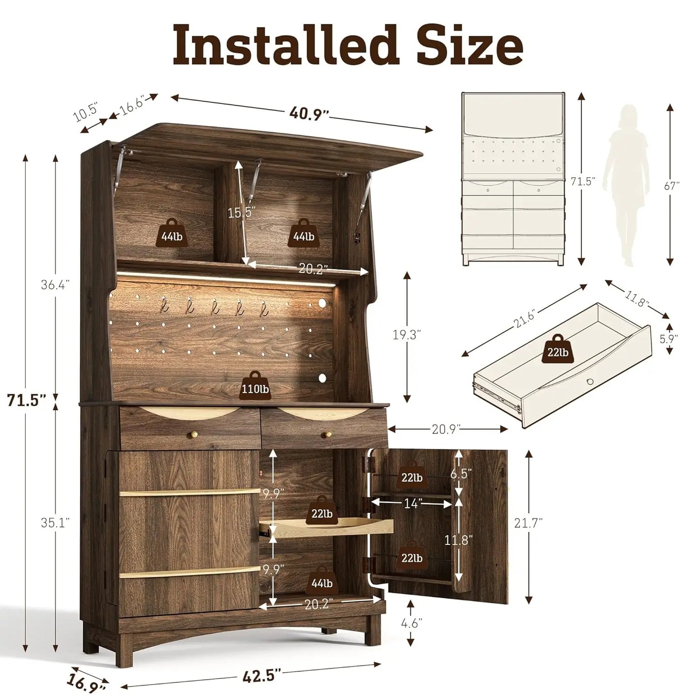 Huanzhuang Kitchen Pantry Cabinet With Power Outlets And LED Light