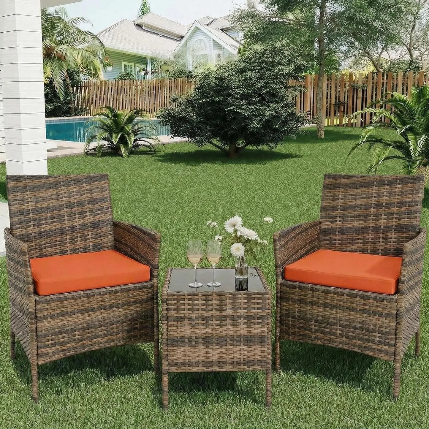 HiMISS 3-Piece Outdoor Wicker Patio Set With Glass Coffee Table