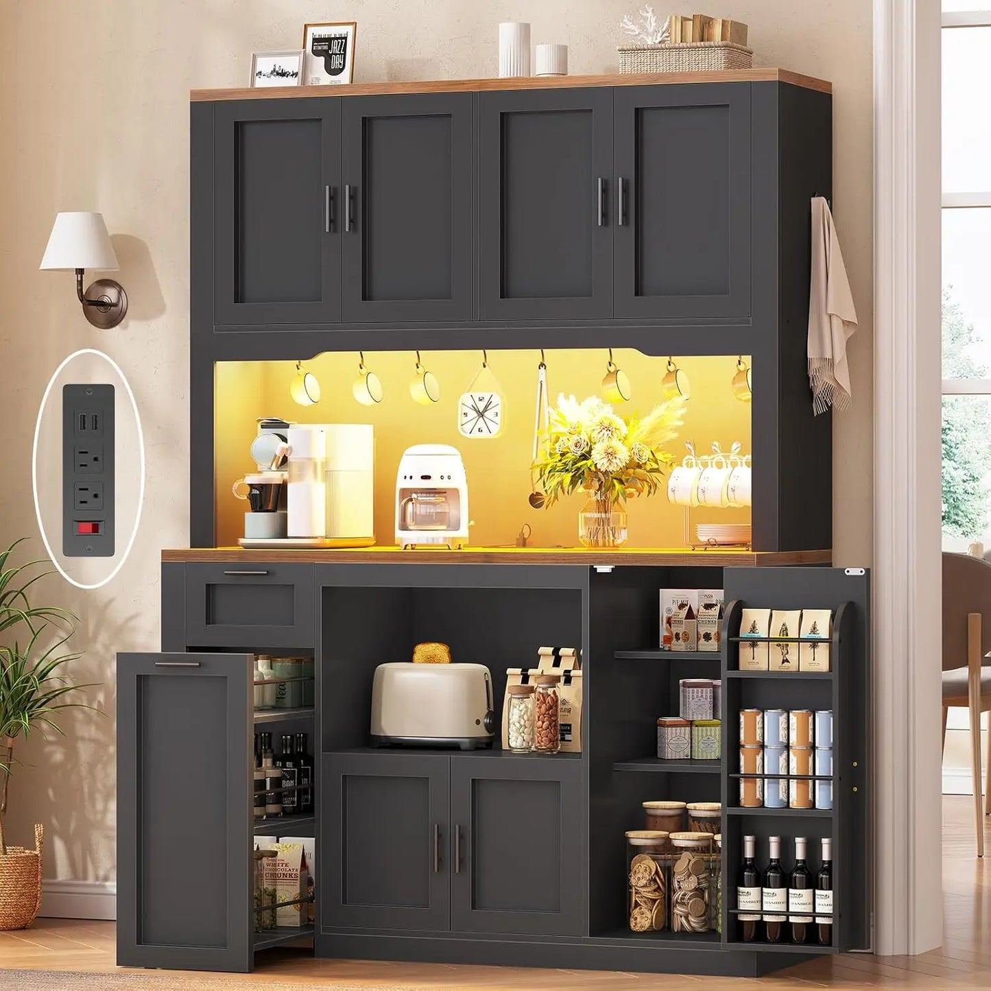 HUANZHUANG Pantry Cabinet With Charging Station And LED Light