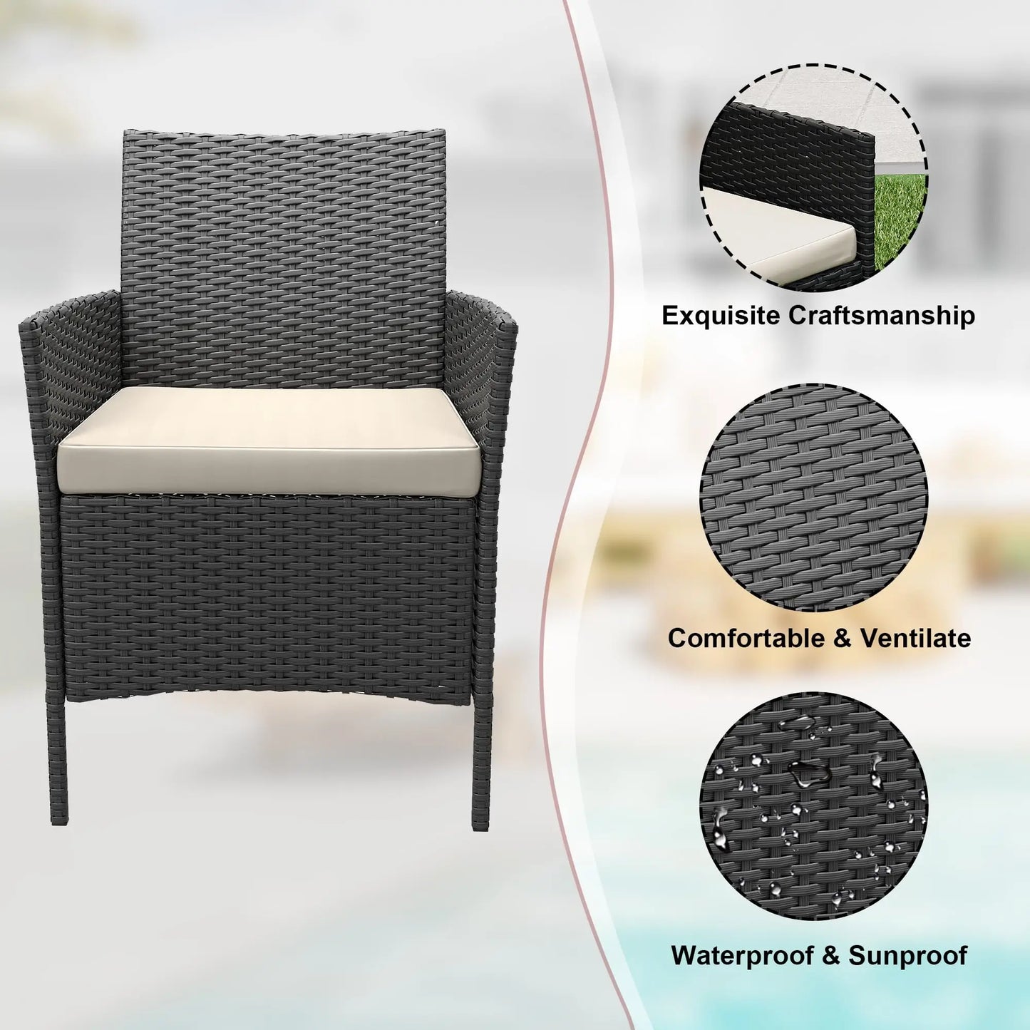 HiMISS 3-Piece Outdoor Wicker Patio Set With Glass Coffee Table