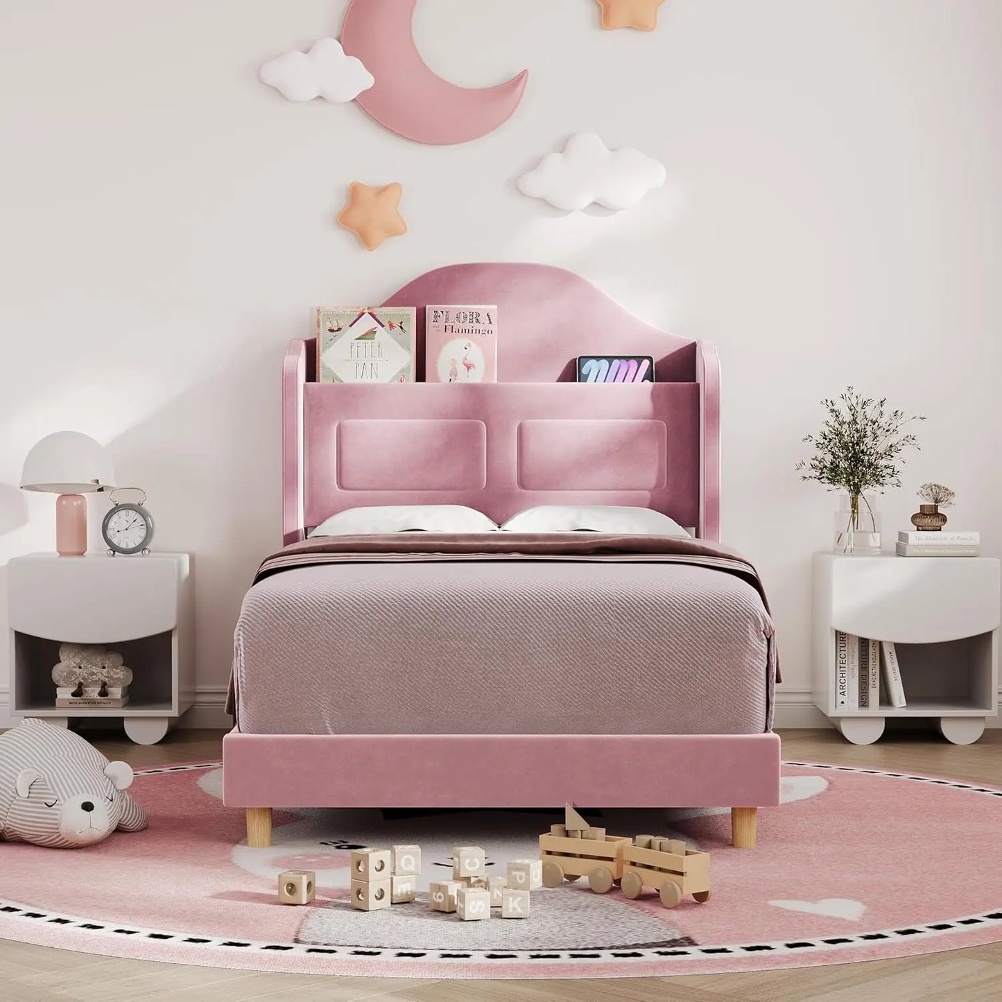 HiMISS Upholstered Bed Frame With LED Lights And Storage Headboard