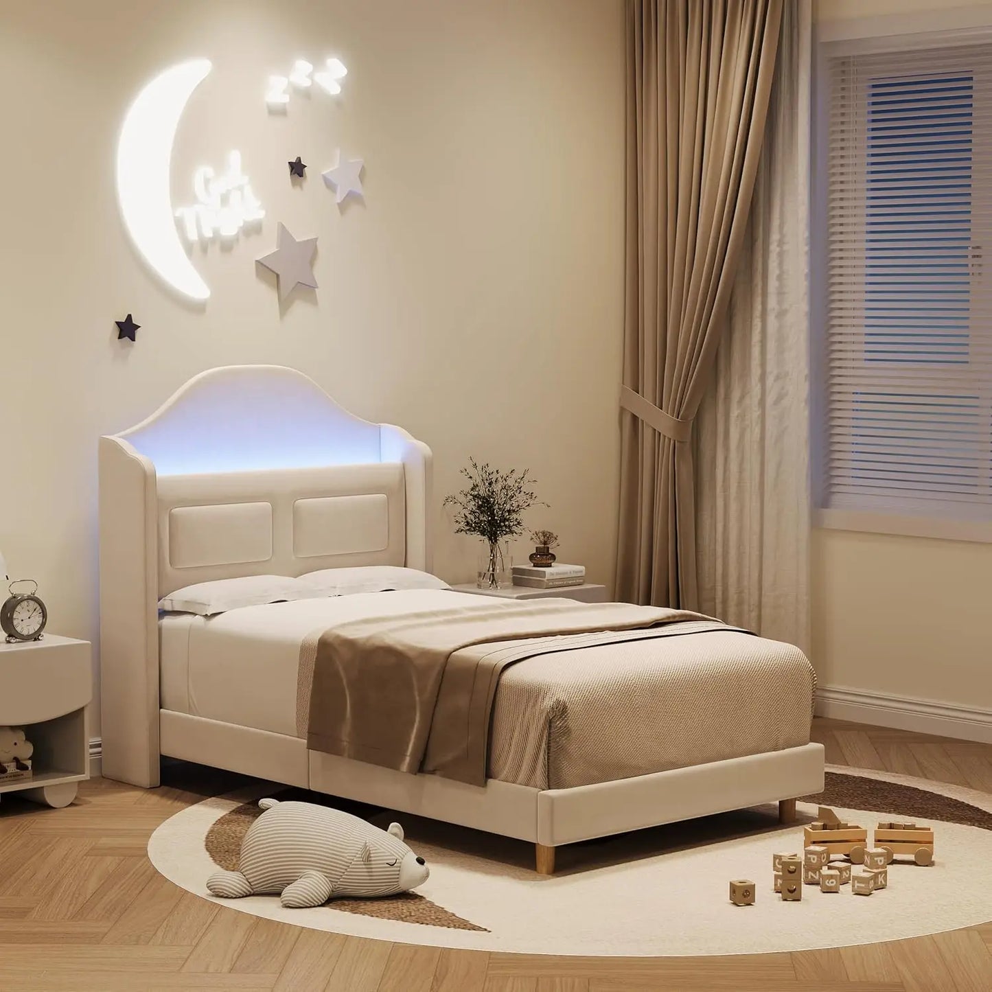 HiMISS Upholstered Bed Frame With LED Lights And Storage Headboard