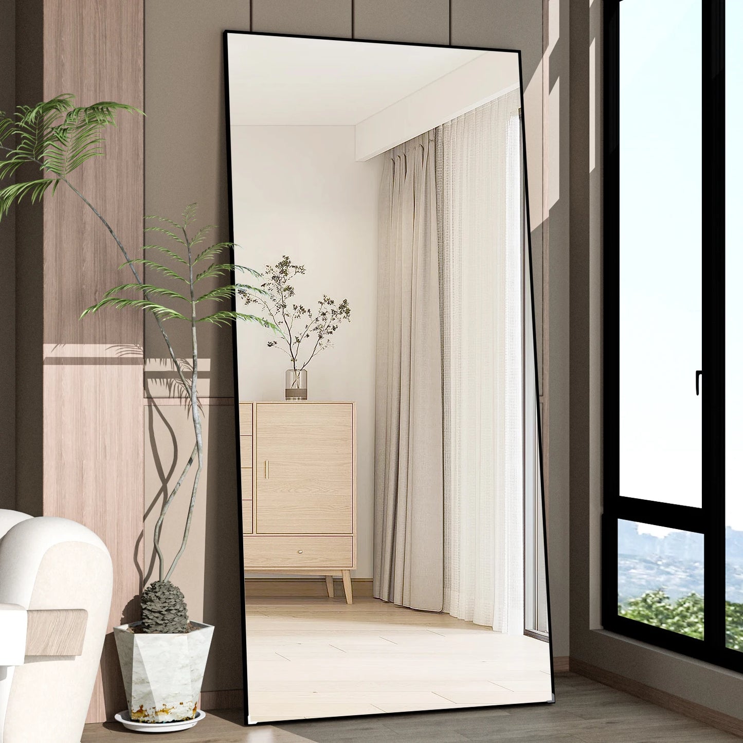 Full Body Floor Mirror With Black Metal Frame Decor