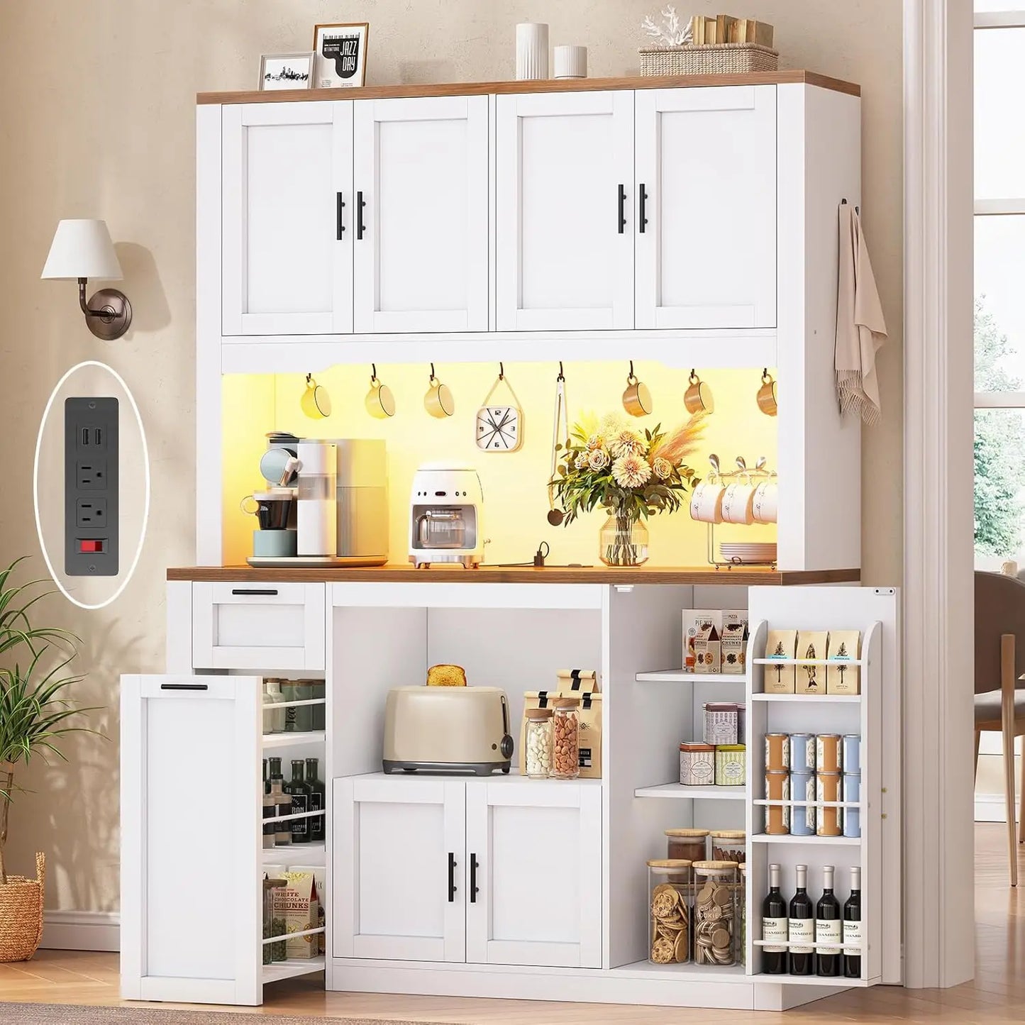 HUANZHUANG Pantry Cabinet With Charging Station And LED Light