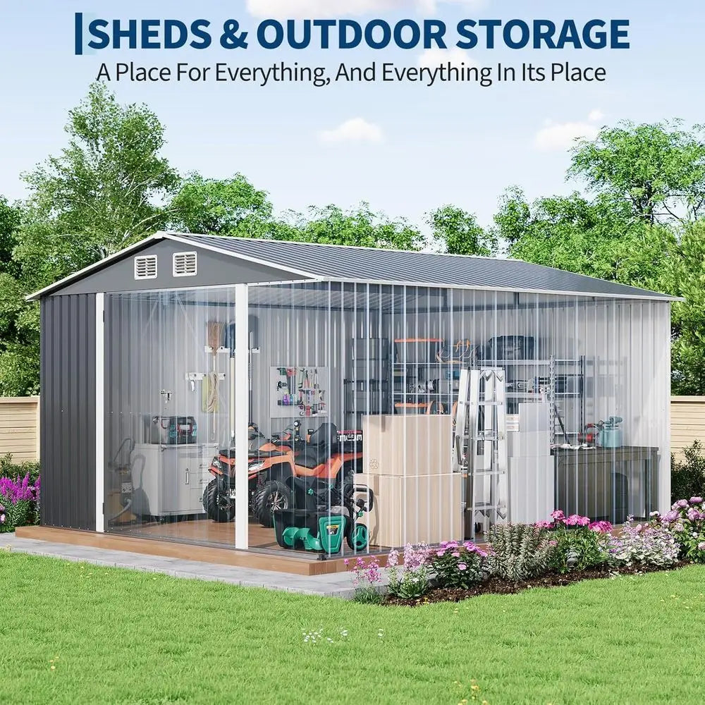 Gray 12x10 Outdoor Storage Shed - Metal Garden Shed for Backyard, Patio, and Lawn Storage
