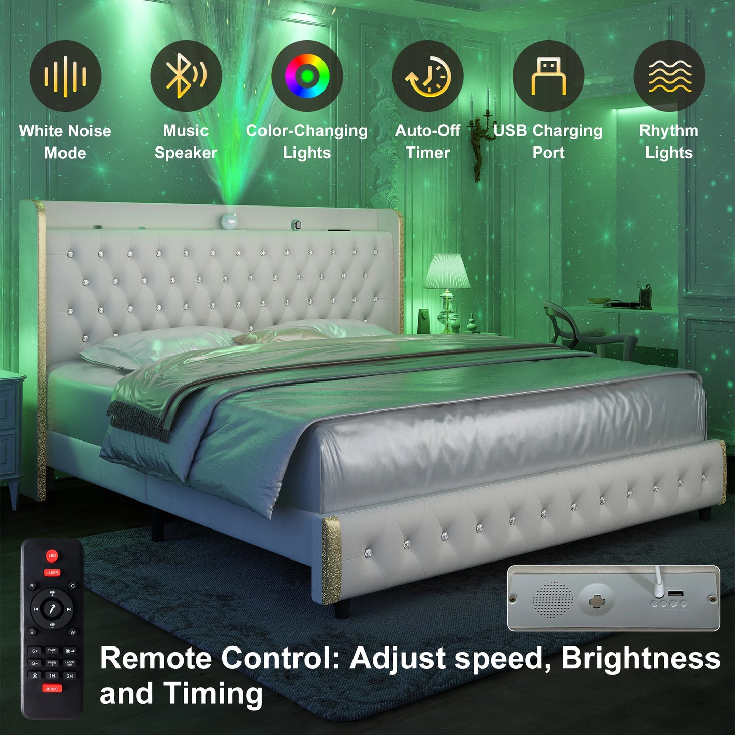 GEGOFORU LED Upholstered Bed Frame With Galaxy Headboard