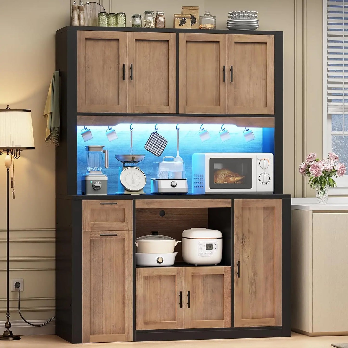 HUANZHUANG Pantry Cabinet With Charging Station And LED Light