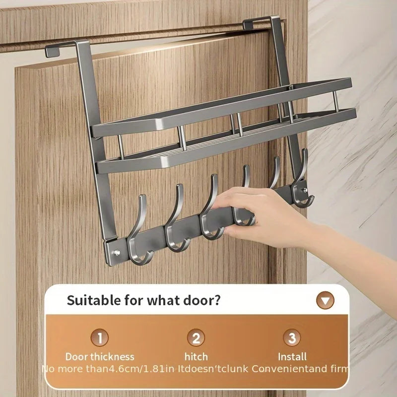 Aluminum Over-The-Door Storage Rack With 6 Hooks And Basket