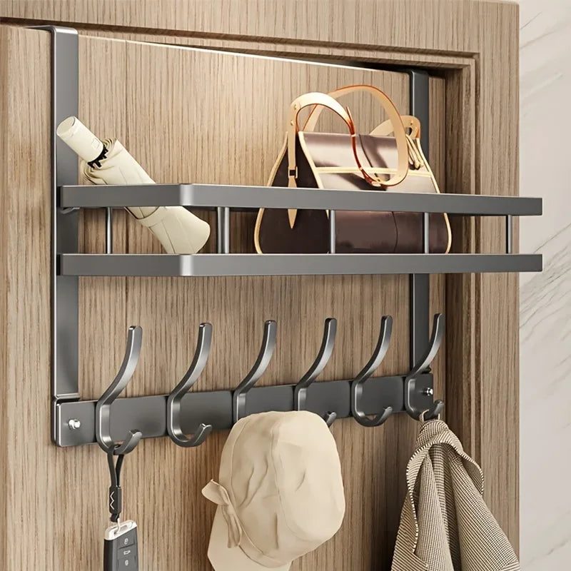 Aluminum Over-The-Door Storage Rack With 6 Hooks And Basket