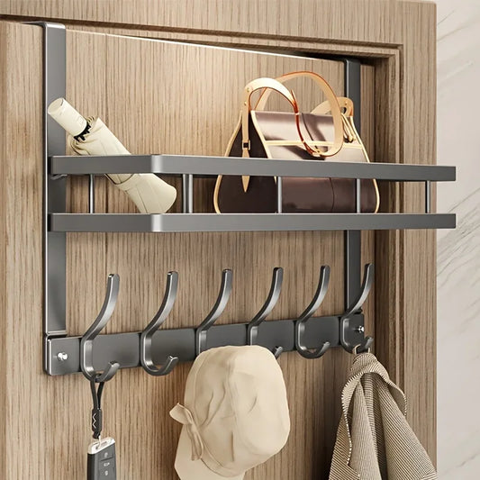 Aluminum Over-The-Door Storage Rack With 6 Hooks And Basket