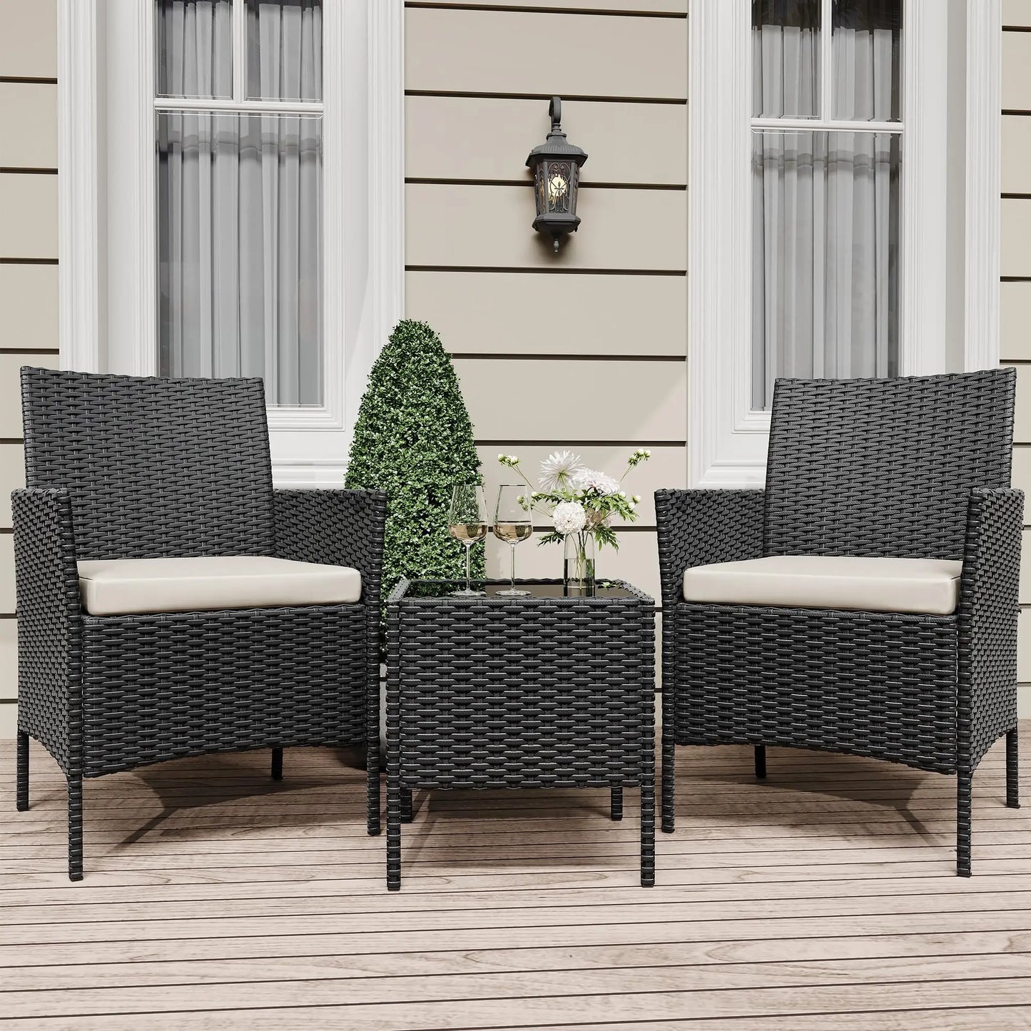 HiMISS 3-Piece Outdoor Wicker Patio Set With Glass Coffee Table