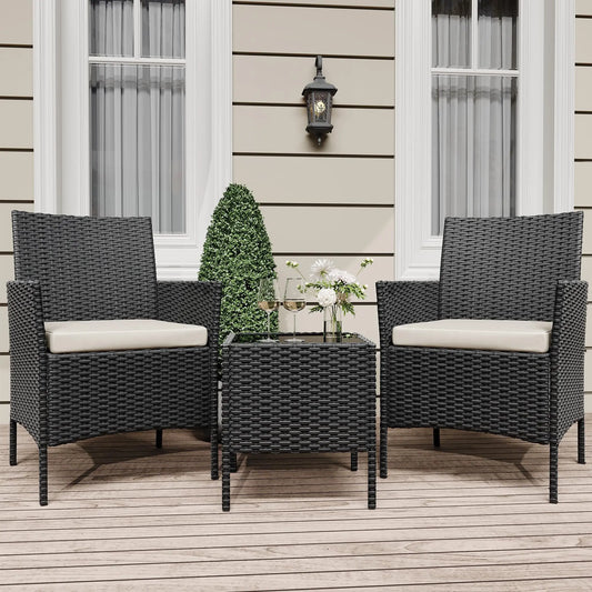 HiMISS 3-Piece Outdoor Wicker Patio Set With Glass Coffee Table