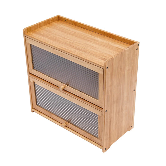 Bamboo Kitchen Storage Cabinet Countertop Organizer With Clear Sliding Doors