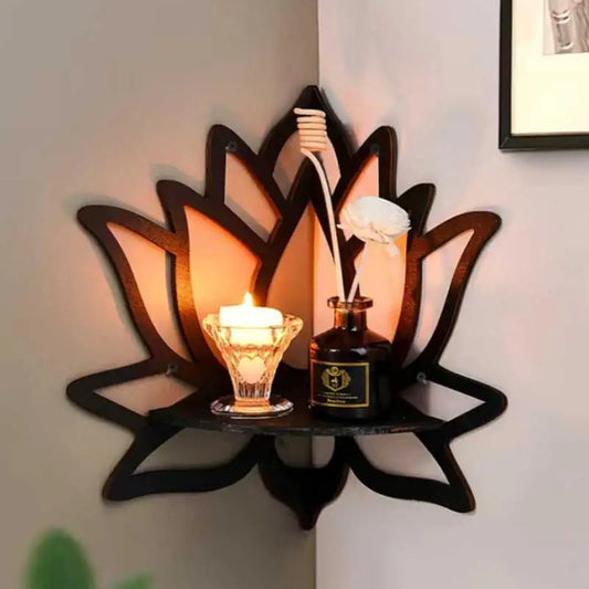 Bohemian Lotus Wooden Hollow Wall Mounted Corner Shelf Aromatherapy Candles