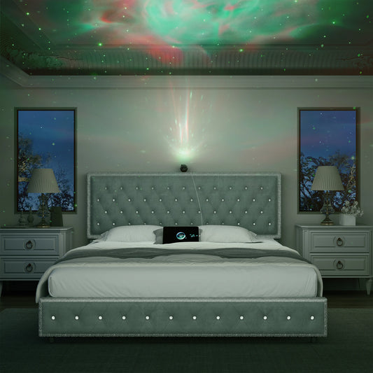 GEGOFORU LED Bed Frame With Galaxy Projector Rivet Trim Headboard